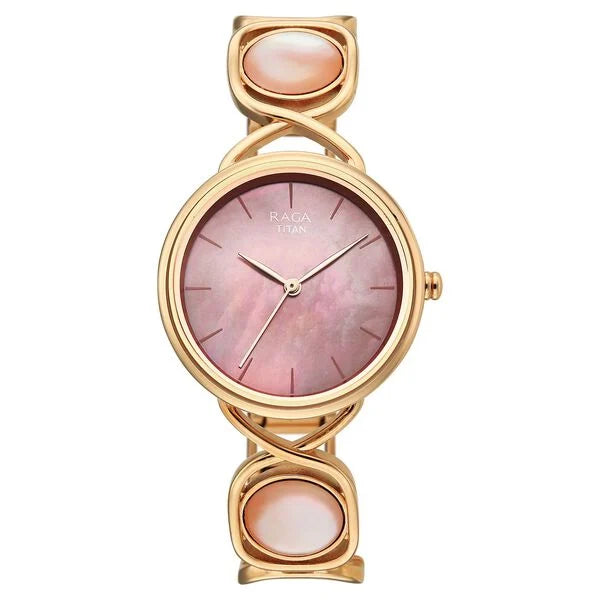 Titan Raga Mother of Pearl Dial Rose Gold Metal Strap Analog Watch for Women