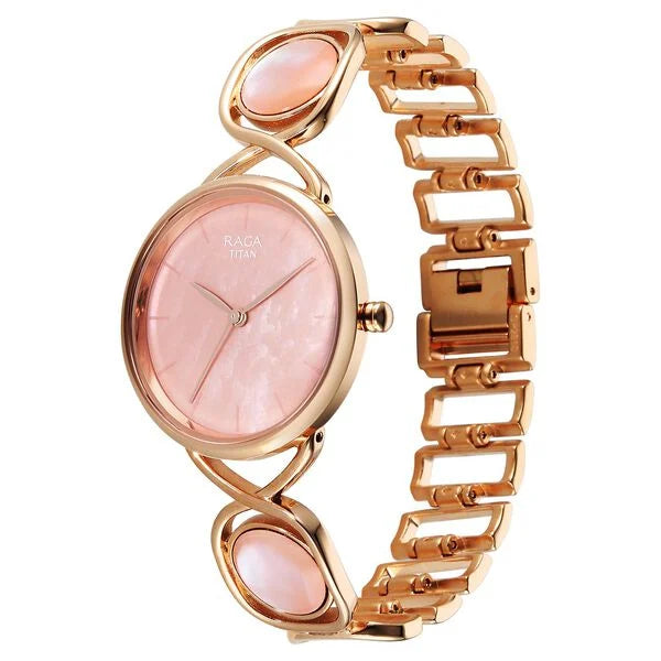 Titan Raga Mother of Pearl Dial Rose Gold Metal Strap Analog Watch for Women