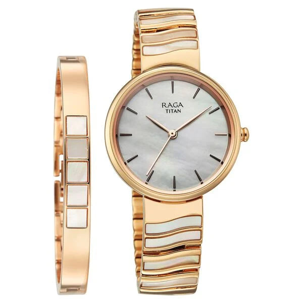 Titan Raga Mother of Pearl Dial Rose Gold Metal Strap Analog Watch for Women