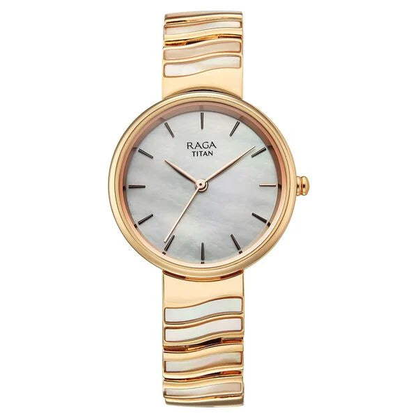 Titan Raga Mother of Pearl Dial Rose Gold Metal Strap Analog Watch for Women