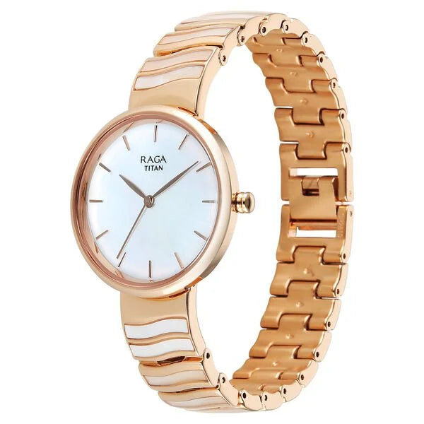Titan Raga Mother of Pearl Dial Rose Gold Metal Strap Analog Watch for Women