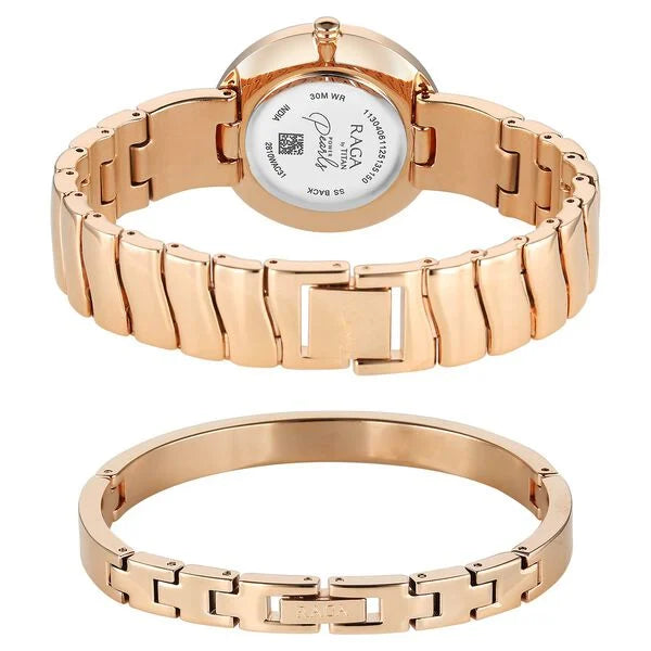 Titan Raga Mother of Pearl Dial Rose Gold Metal Strap Analog Watch for Women