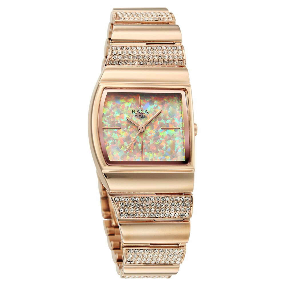 Titan Raga Multicoloured Shaped Dial Rose Gold Metal Strap Analog Watch For Women