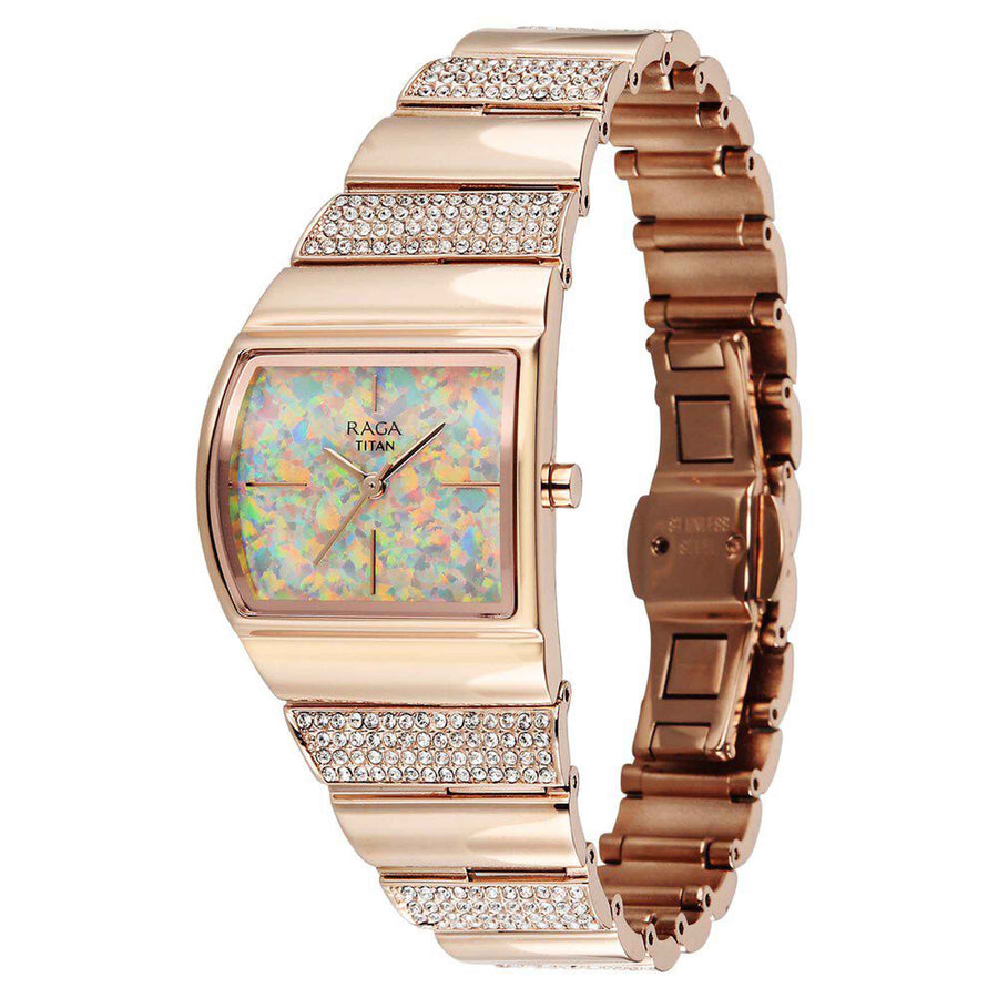 Titan Raga Multicoloured Shaped Dial Rose Gold Metal Strap Analog Watch For Women