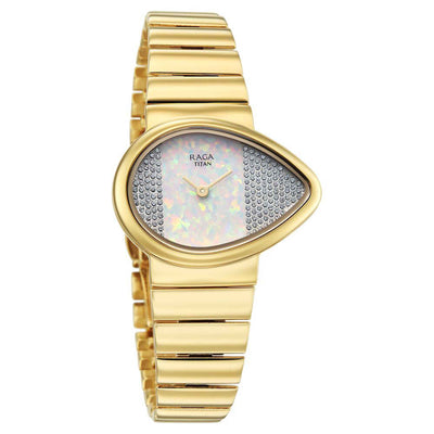 Titan Raga White Shaped Studded Dial Gold Metal Strap Analog Watch For Women