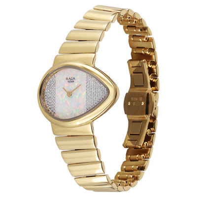 Titan Raga White Shaped Studded Dial Gold Metal Strap Analog Watch For Women