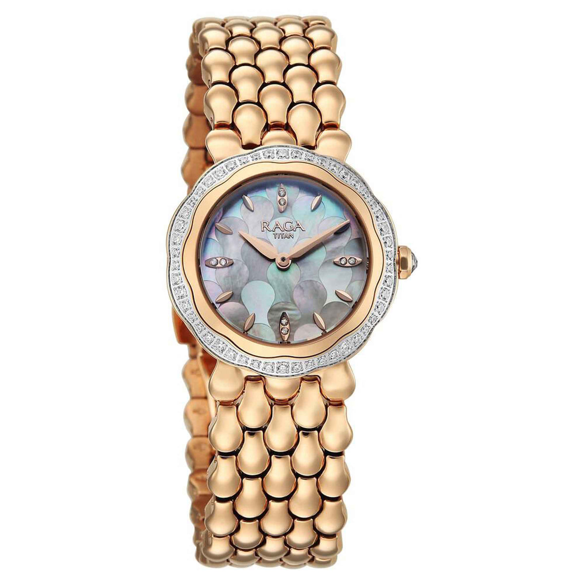 Titan Raga Mother of Pearl Dial Rose Gold Stainless Steel Strap Analog Watch for Women