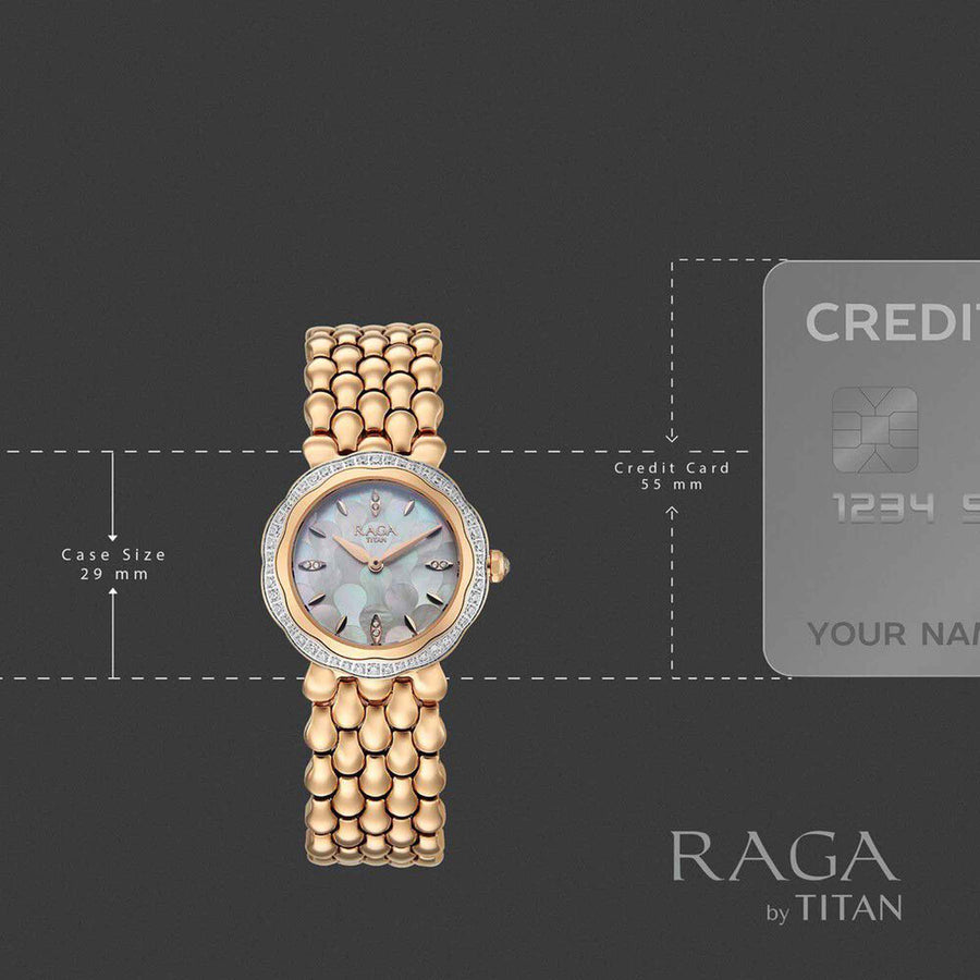 Titan Raga Mother of Pearl Dial Rose Gold Stainless Steel Strap Analog Watch for Women