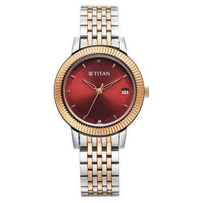 Titan watch with red dial and two-tone metal strap 