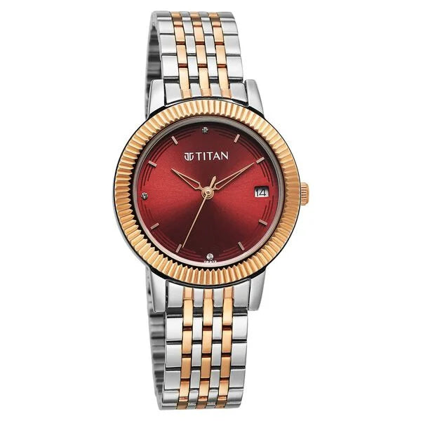 Titan Red Dial Two Toned Stainless Steel Strap Analog Watch for Women