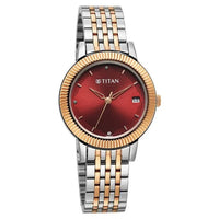 Titan Red Dial Two Toned Stainless Steel Strap Analog Watch for Women