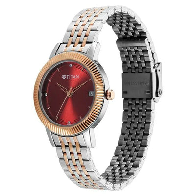 Titan Red Dial Two Toned Stainless Steel Strap Analog Watch for Women