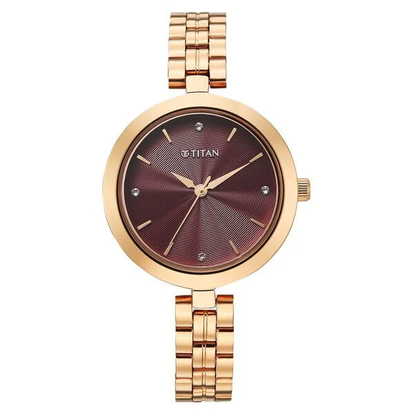 Titan Maroon Dial Rose Gold Stainless Steel Strap Analog Watch for Women