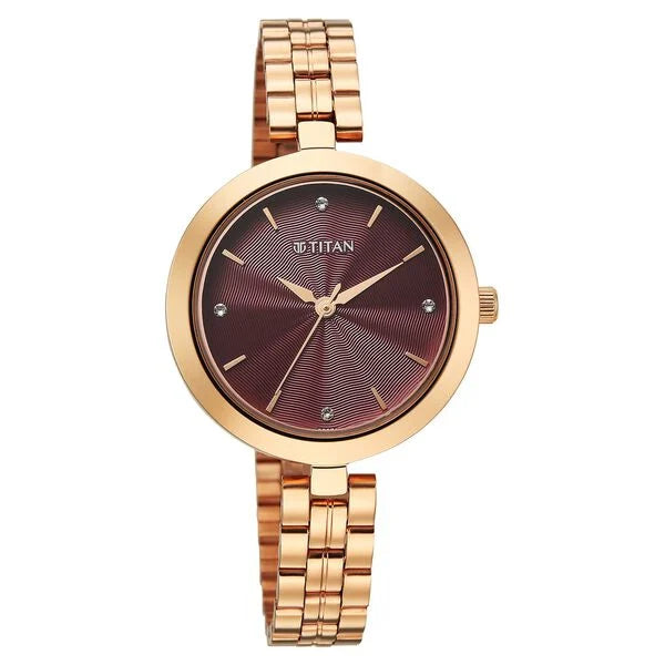 Titan Maroon Dial Rose Gold Stainless Steel Strap Analog Watch for Women
