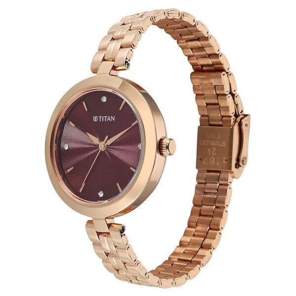 Titan Maroon Dial Rose Gold Stainless Steel Strap Analog Watch for Women