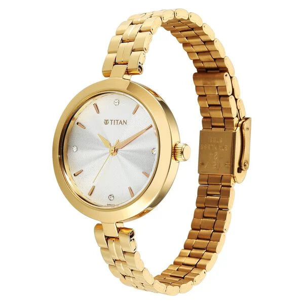 Titan Silver Dial Gold Stainless Steel Strap Analog Watch for Women