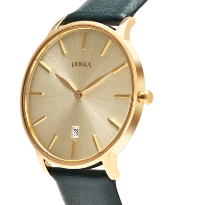 Titan Nebula 18K Gold Dial Green Leather Strap Analog with Date Watch for Men