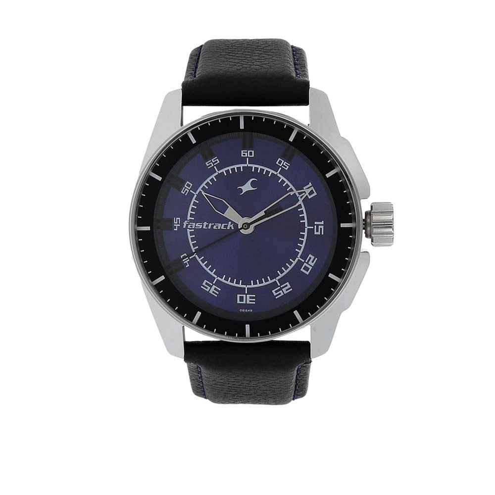 Fastrack Blue Dial Black Leather Strap Analog Watch for Men