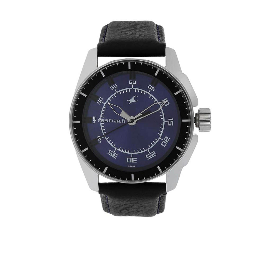Fastrack Blue Dial Black Leather Strap Analog Watch for Men