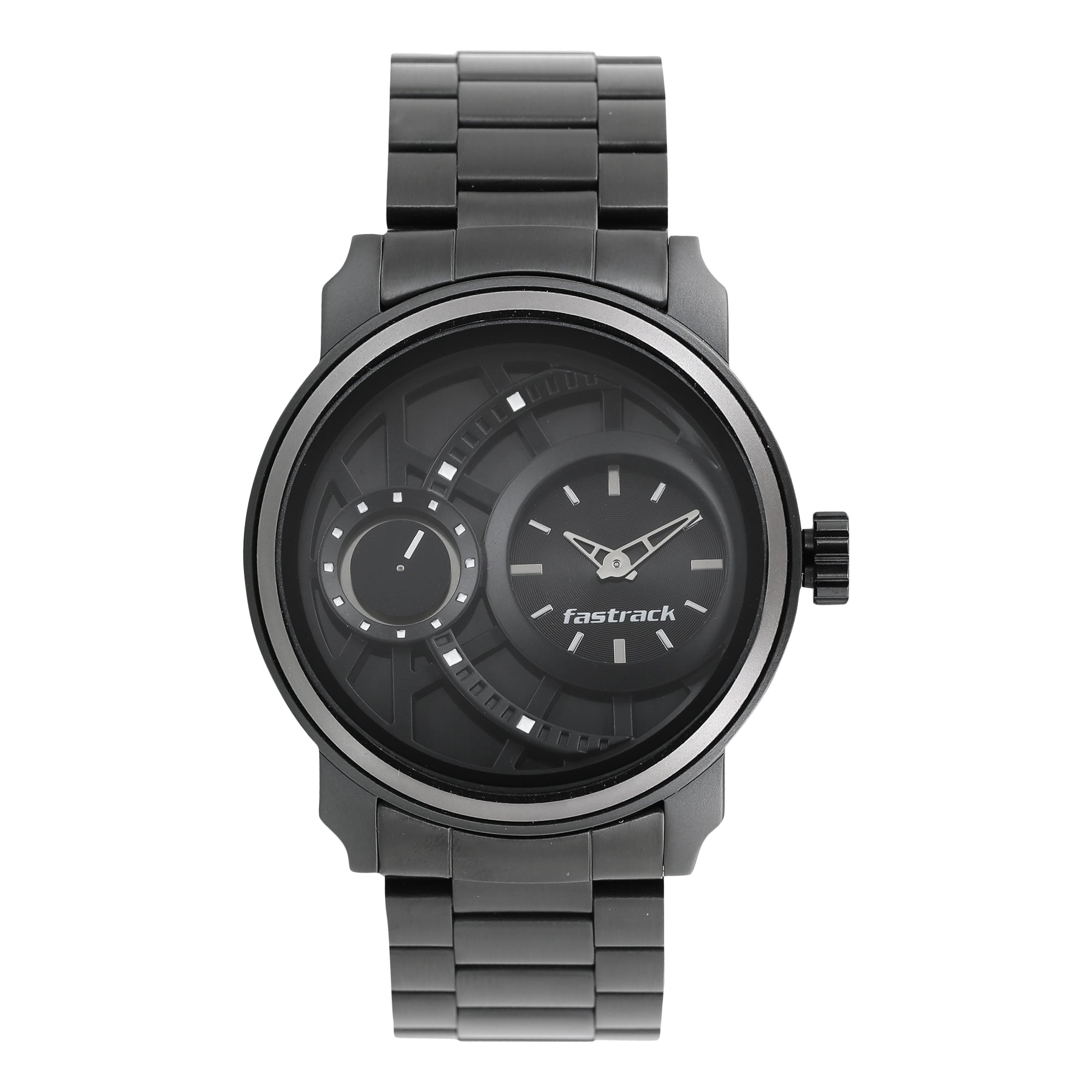 Front view of black metal Fastrack analog watch for men with a layered dial & bold industrial design