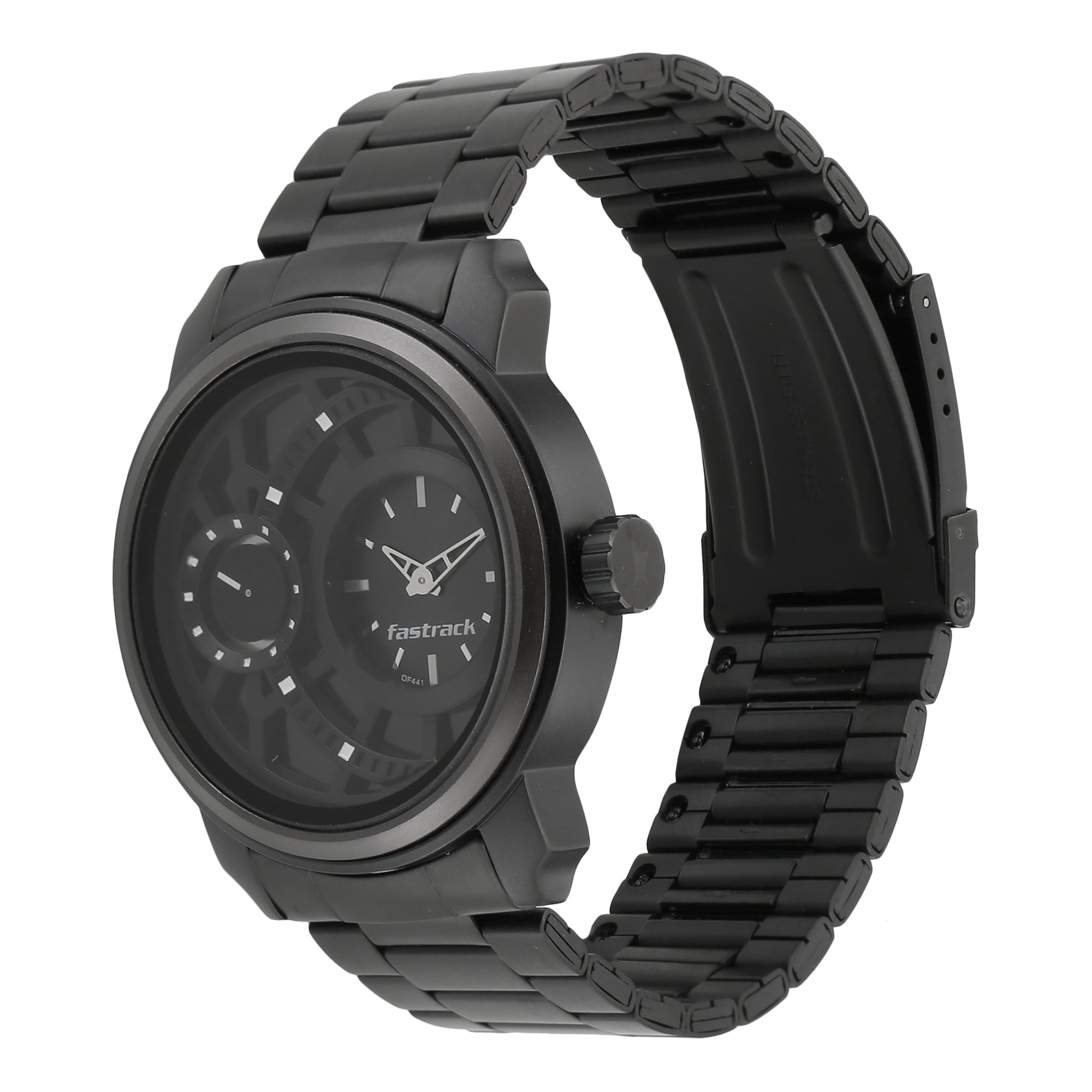 Angled profile of matte black metal Fastrack analog watch for men showing crown & solid link strap.