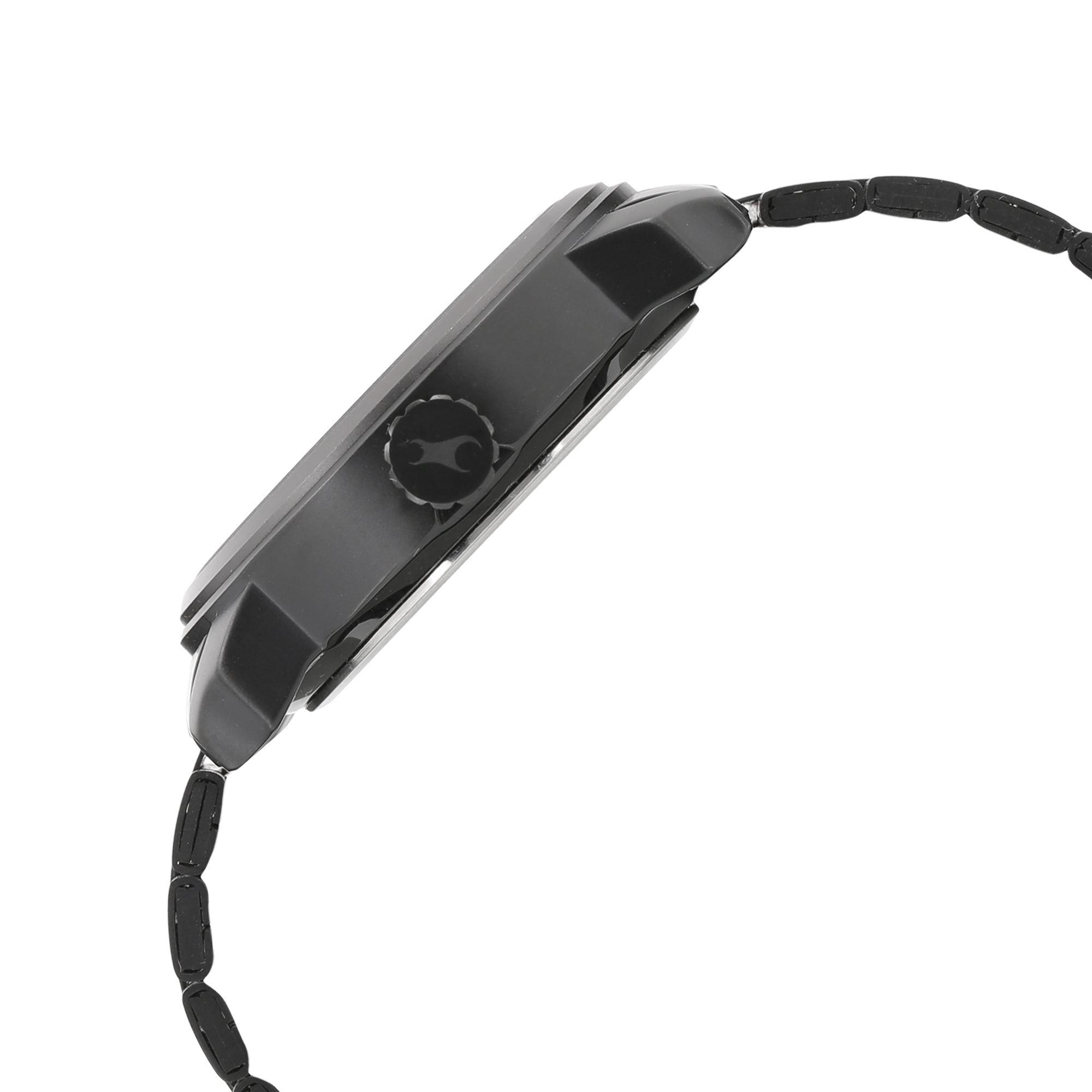 Side view of a Fastrack matte black dial analog watch for men, showing crown & slim metal bracelet.