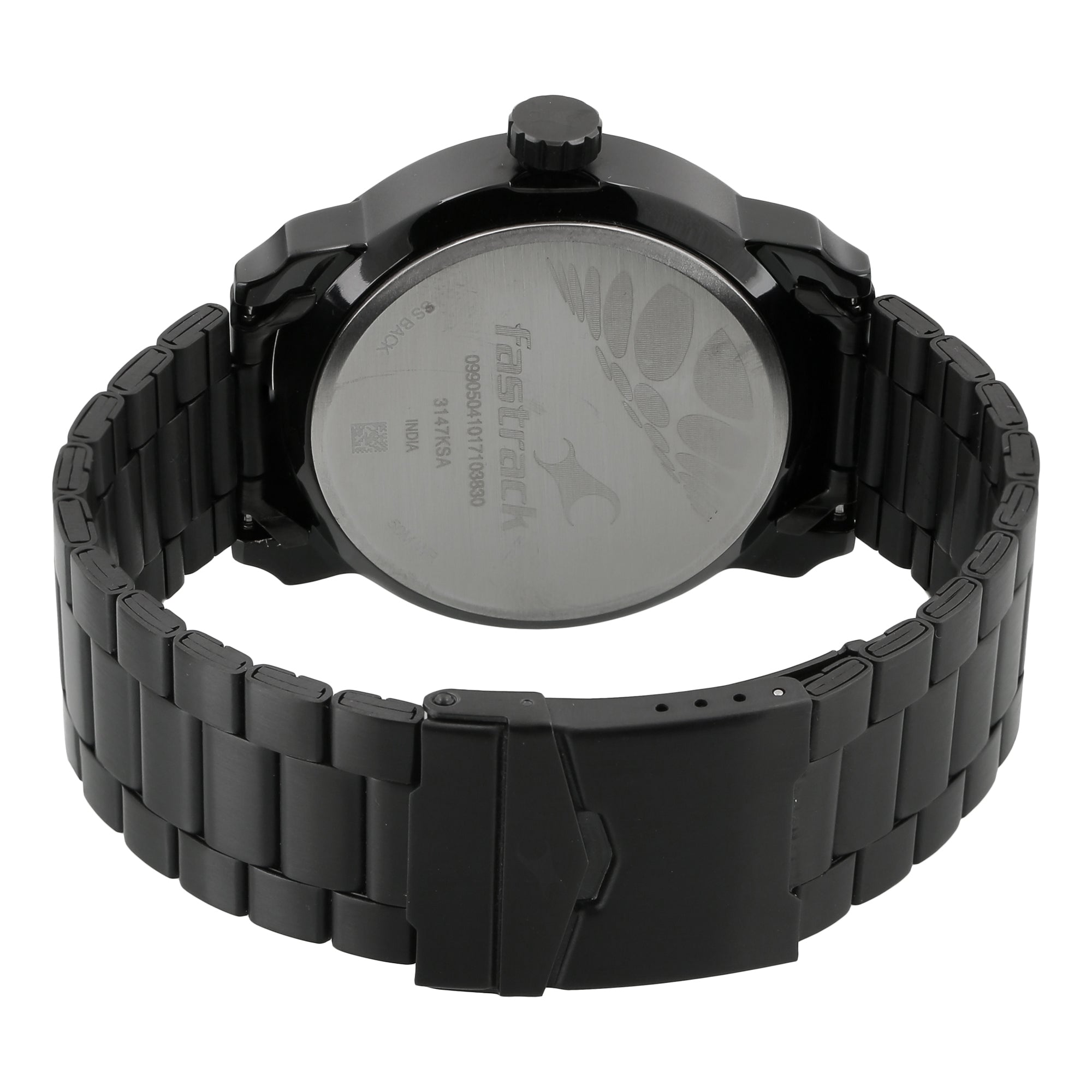 Rear view shows a stainless steel caseback of fastrack analog watch for men and a black metal strap.