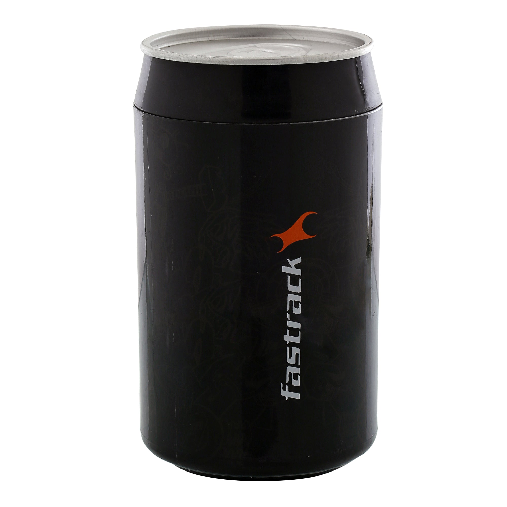 Packaging shows a premium black cylindrical Fastrack watch container with logo and sealed metal lid.