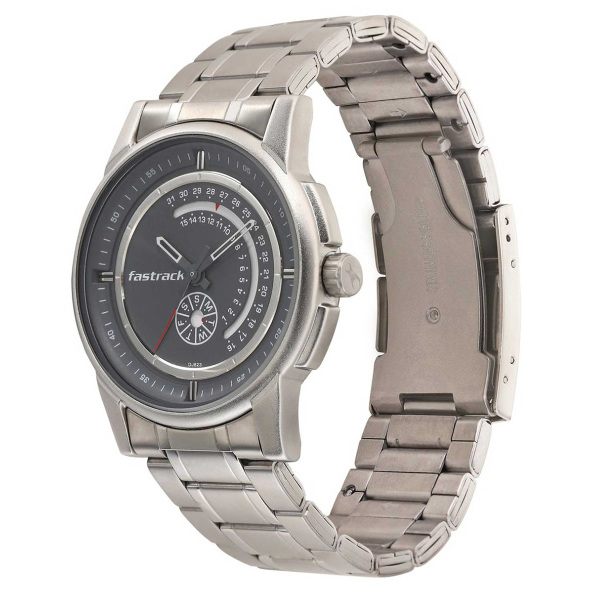 Fastrack Grey Dial Stainless Steel Strap Analog with Day-Date Watch for Men
