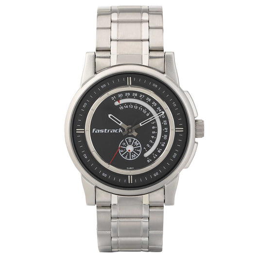 Fastrack Go Skate Quartz Analog with Day and Date Black Dial Stainless Steel Strap Watch for Guys