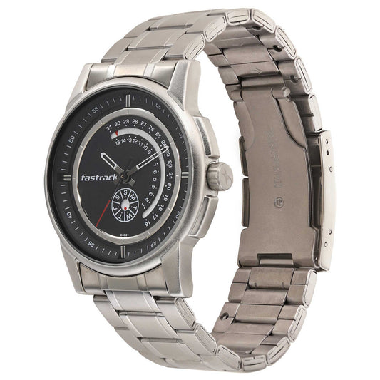 Fastrack Go Skate Quartz Analog with Day and Date Black Dial Stainless Steel Strap Watch for Guys