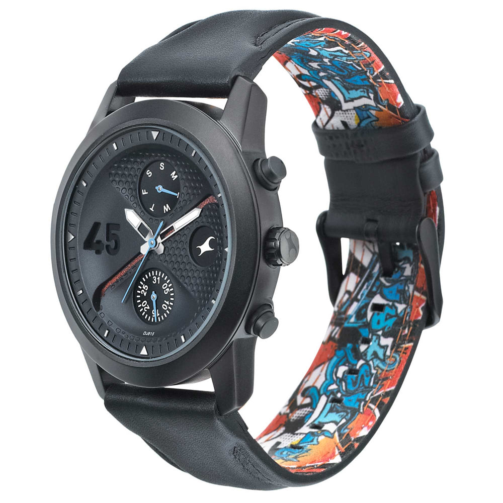 Fastrack Go Skate Quartz Multifunction Black Dial Leather Strap Watch for Guys
