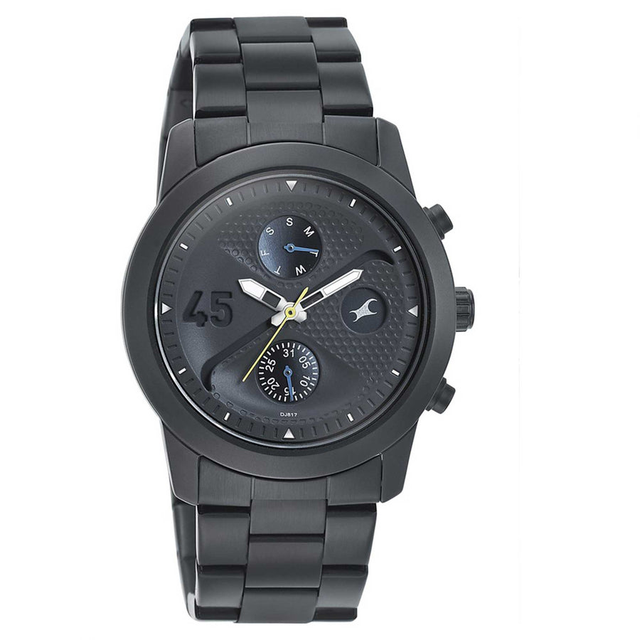 Fastrack Go Skate Quartz Multifunction Black Dial Stainless Steel Strap Watch for Guys
