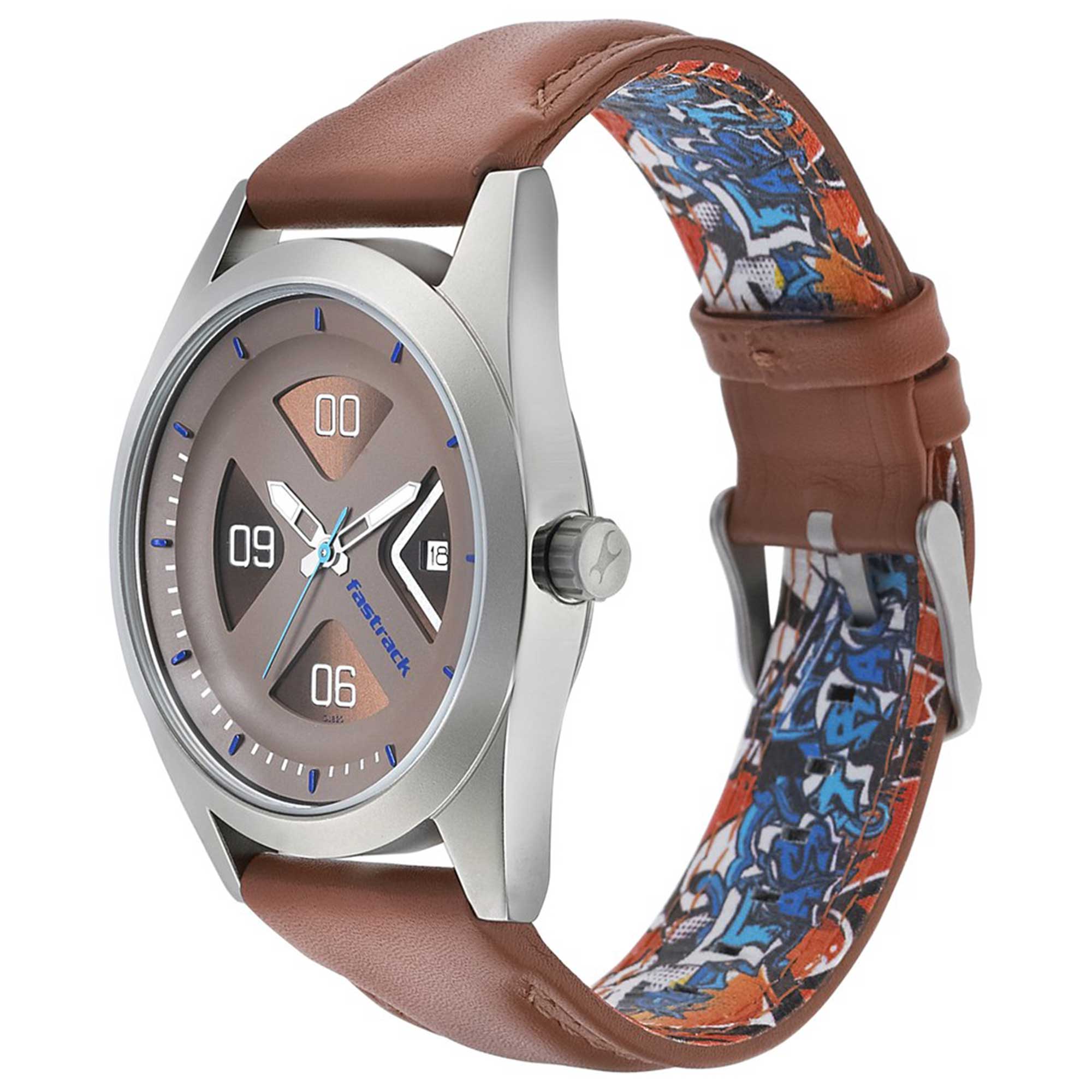 Fastrack Go Skate Quartz Analog with Date Blue Dial Leather Strap Watch for Guys