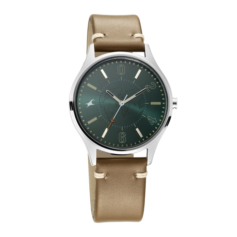 Fastrack Tripster Quartz Analog Green Dial Leather Strap Watch for Guys