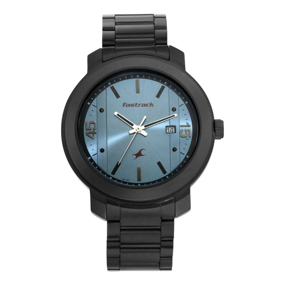 Fastrack Bare Basics Quartz Analog with Date Blue Dial Stainless Steel Strap Watch for Guys