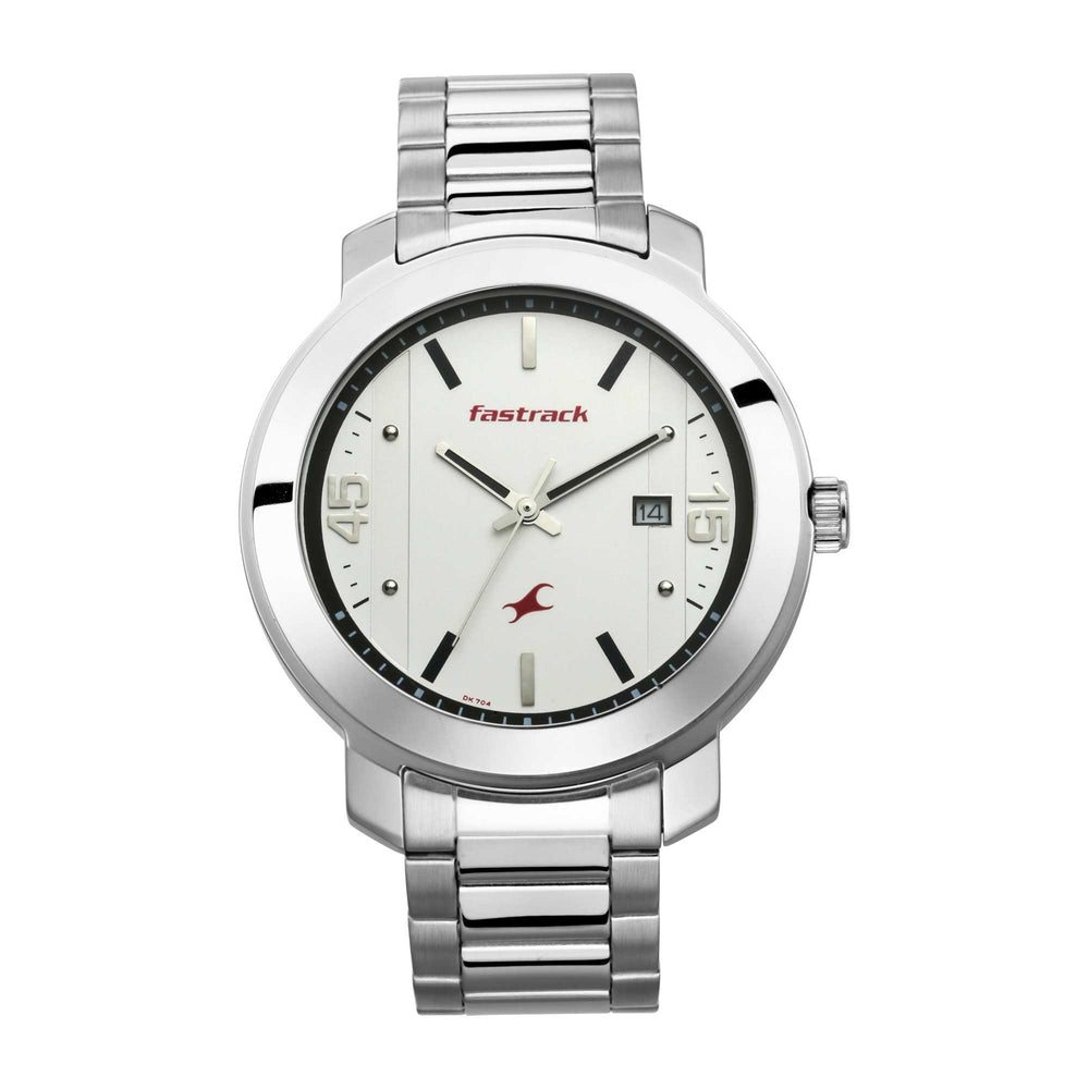 Fastrack Bare Basics Quartz Analog with Date White Dial Stainless Steel Strap Watch for Guys
