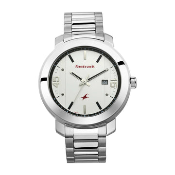 Fastrack Bare Basics Quartz Analog with Date White Dial Stainless Steel Strap Watch for Guys