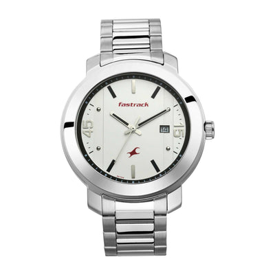 Fastrack Bare Basics Quartz Analog with Date White Dial Stainless Steel Strap Watch for Guys