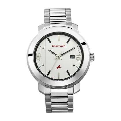 Fastrack Bare Basics Quartz Analog with Date White Dial Stainless Steel Strap Watch for Guys