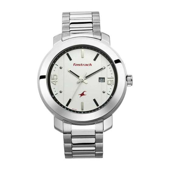 Fastrack Bare Basics Quartz Analog with Date White Dial Stainless Steel Strap Watch for Guys