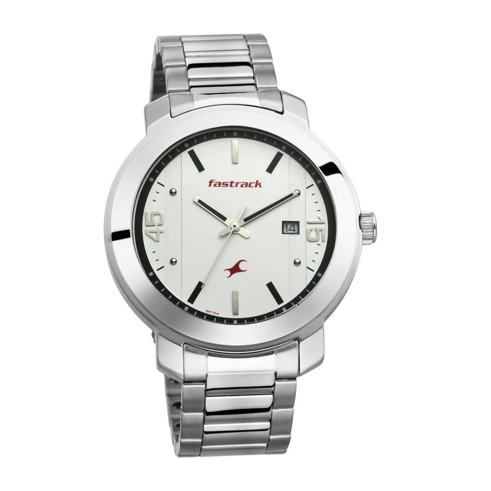 Fastrack Bare Basics Quartz Analog with Date White Dial Stainless Steel Strap Watch for Guys