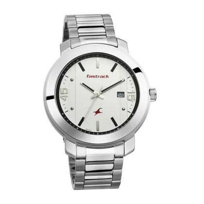 Fastrack Bare Basics Quartz Analog with Date White Dial Stainless Steel Strap Watch for Guys