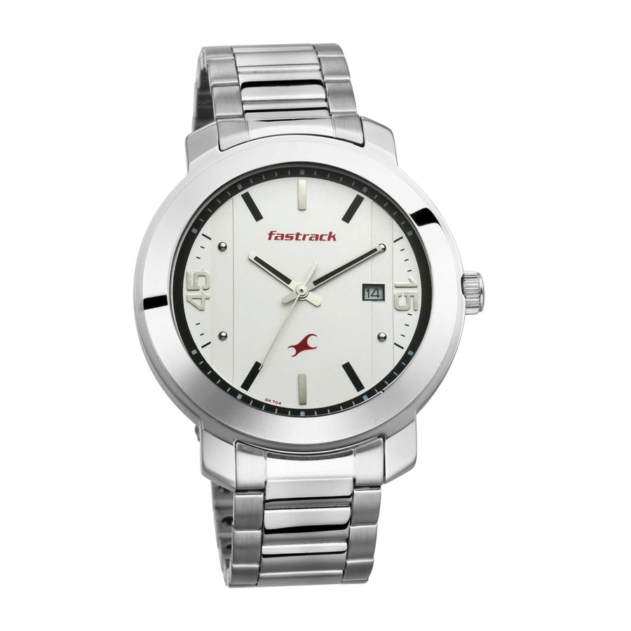 Fastrack Bare Basics Quartz Analog with Date White Dial Stainless Steel Strap Watch for Guys
