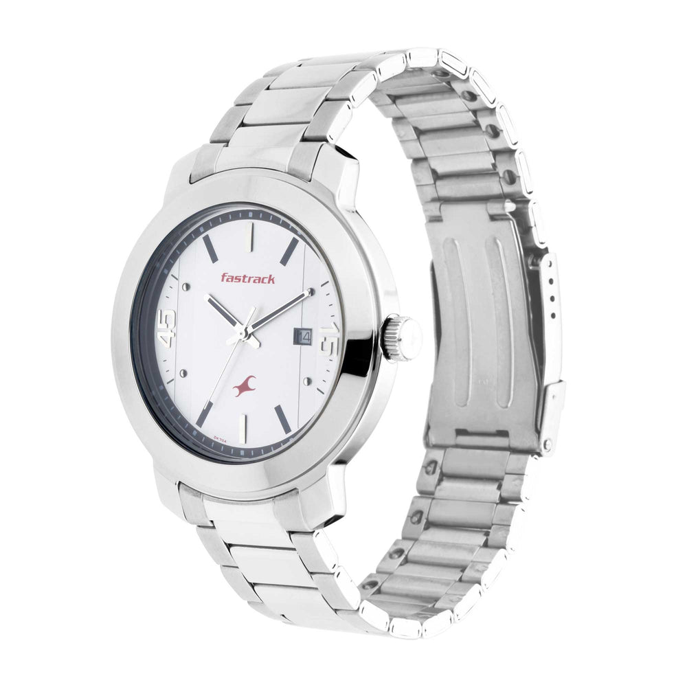 Fastrack Bare Basics Quartz Analog with Date White Dial Stainless Steel Strap Watch for Guys