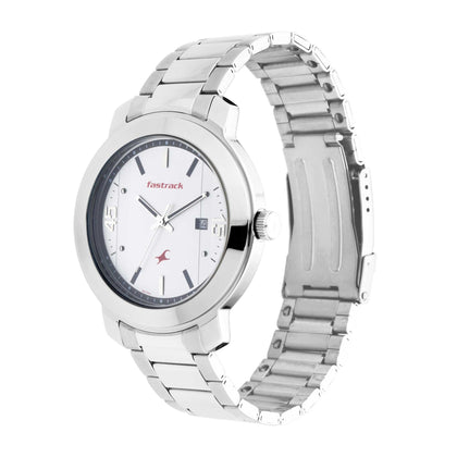 Fastrack Bare Basics Quartz Analog with Date White Dial Stainless Steel Strap Watch for Guys