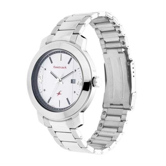 Fastrack Bare Basics Quartz Analog with Date White Dial Stainless Steel Strap Watch for Guys