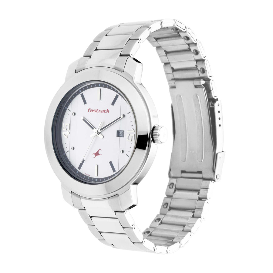 Fastrack Bare Basics Quartz Analog with Date White Dial Stainless Steel Strap Watch for Guys