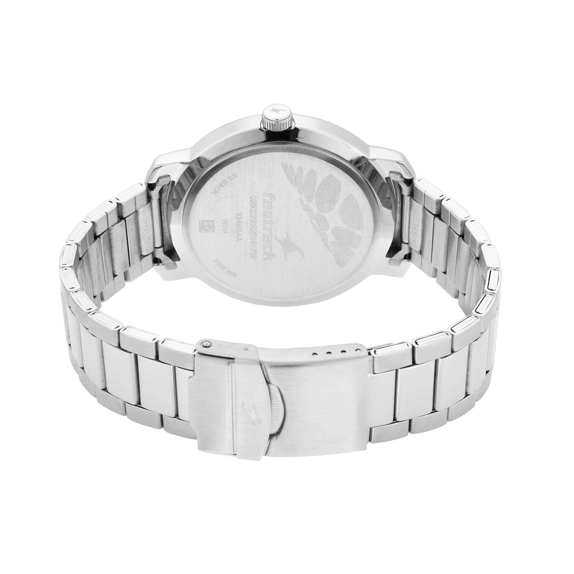 Fastrack Bare Basics Quartz Analog with Date White Dial Stainless Steel Strap Watch for Guys