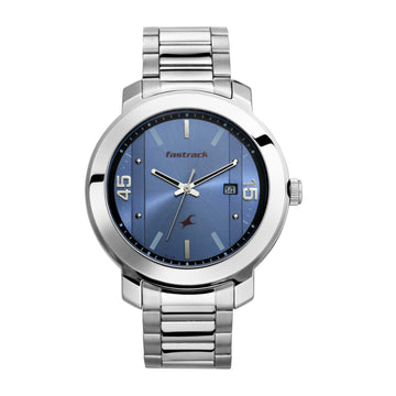 Fastrack Bare Basics Quartz Analog with Date Blue Dial Stainless Steel Strap Watch for Men